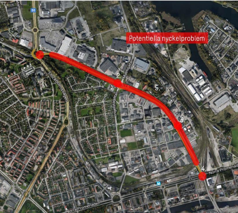 18 (31) - Stråk 7 Ståthögavägen, längs detta stråk handlar problemen i huvudsak om att kollektivtrafiken går trögt genom cirkulationer och korsningar.