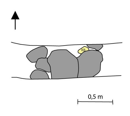 A Grundmur. Vid vapenhusets södra del påträffades i schaktet resterna av en grundmur (figur 5).