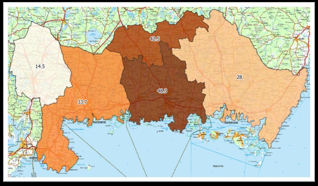 Avskjutning klövvilt (ej älg) Blekinge län 2016/2017 Avskjutningen av klövvilt inom Blekinge län varierar mellan 14,5 och 48,3 vilt per 1000 hektar.