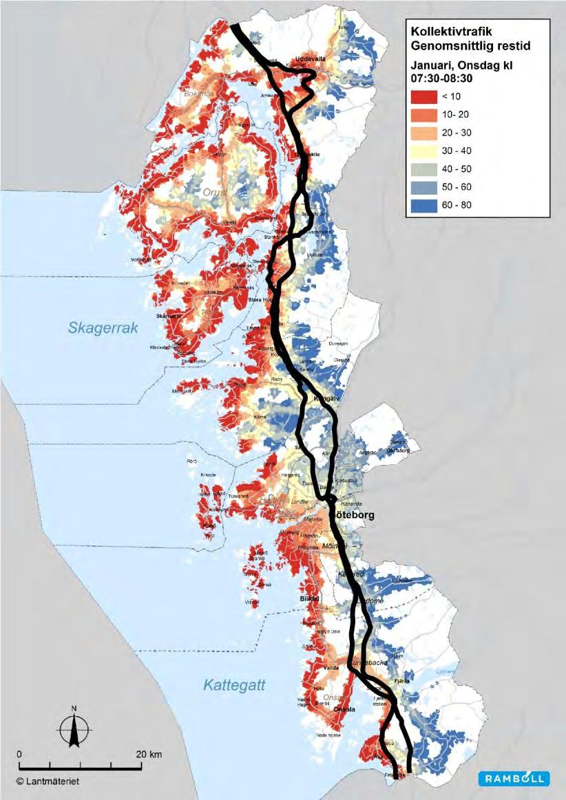 5.2.6 Barriärer av infrastruktur En slutsats som kan dras från tillgänglighetsanalyserna är kring hur stark påverkan barriärerna infrastruktur som väg E6 och Bohusbanan (järnvägen) har.