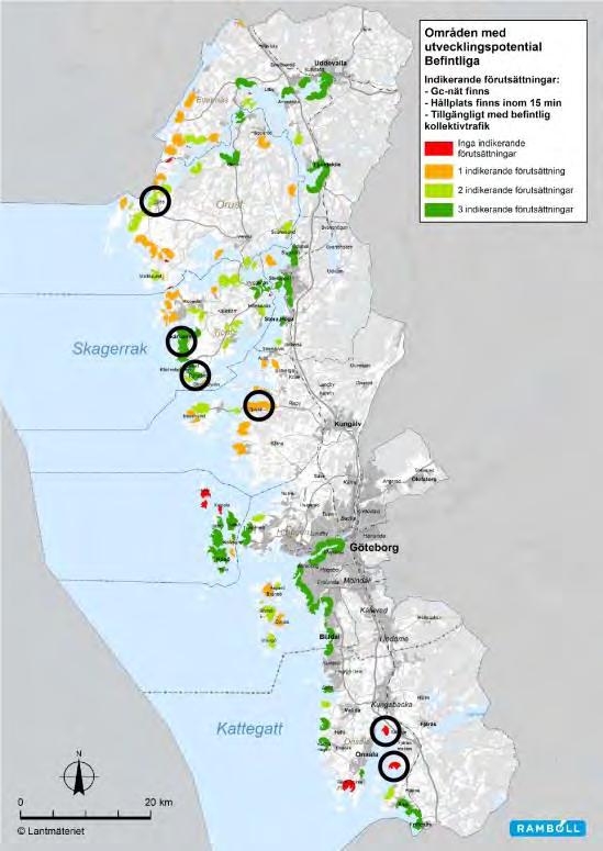Figur 25 Befintliga områden med utvecklingspotential utifrån en övergripande bedömning.