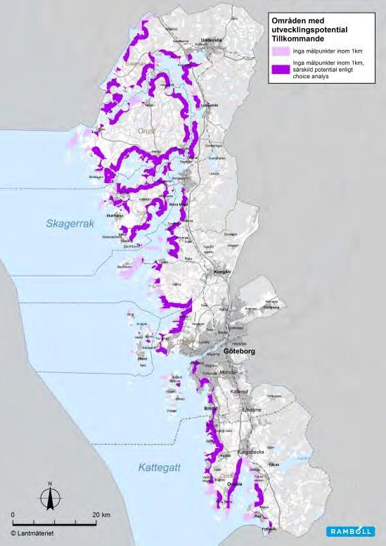 Figur 26 Områden utan målpunkter inom 1 kilometer. Områdena har därefter jämförts med tillgänglighetsanalyserna gjorda för cykeloch kollektivtrafik.