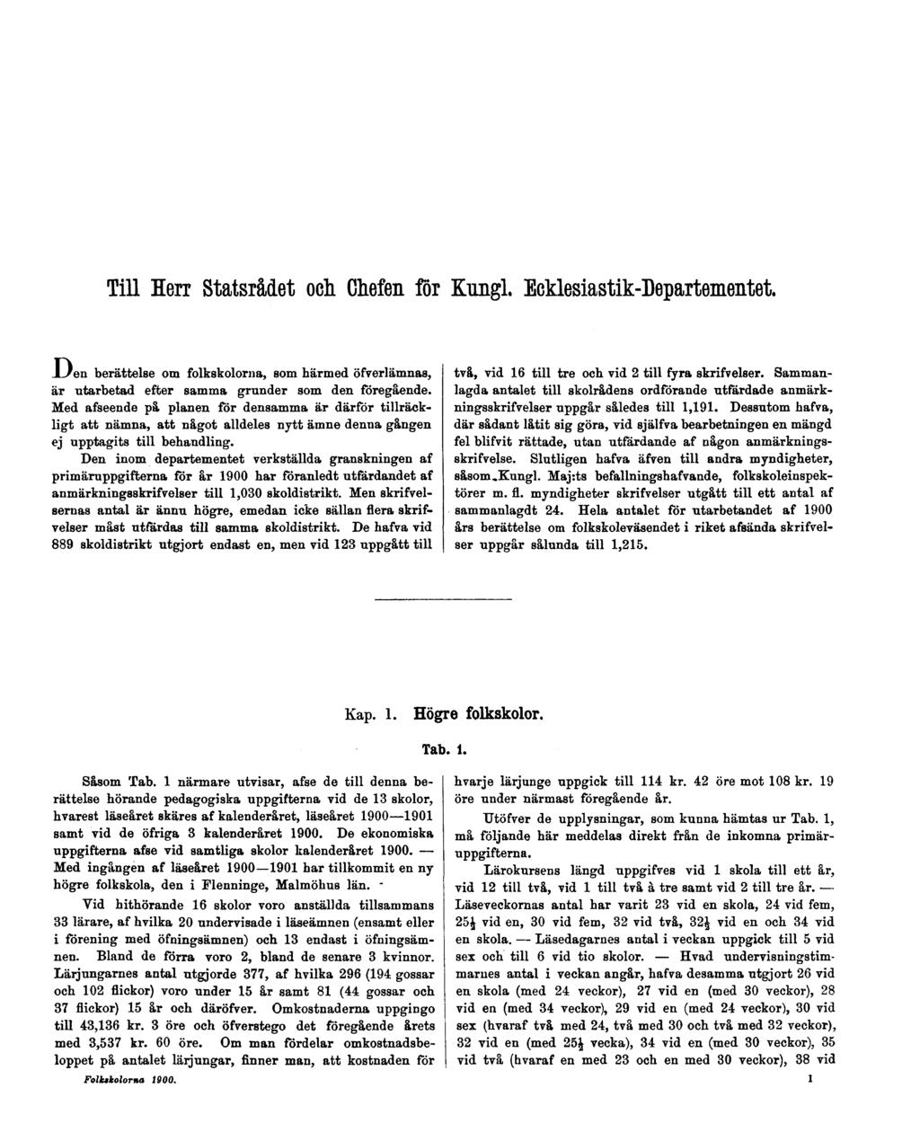 Till Herr Statsrådet och Chefen för Kungl. Ecklesiastik-Departementet. D en berättelse om folkskolorna, som härmed öfverlämnas, är utarbetad efter samma grunder som den föregående.