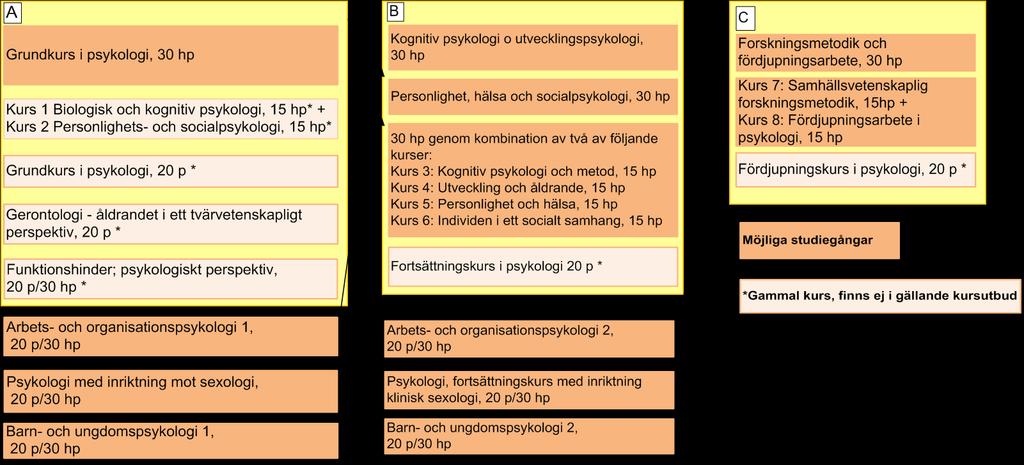 Studiegångar inom Psykologi för Kandidatexamen För att erhålla en kandidatexamen i psykologi (180 hp) krävs utöver 90 hp i psykologi med successiv fördjupning (progression), ytterligare 90 hp i