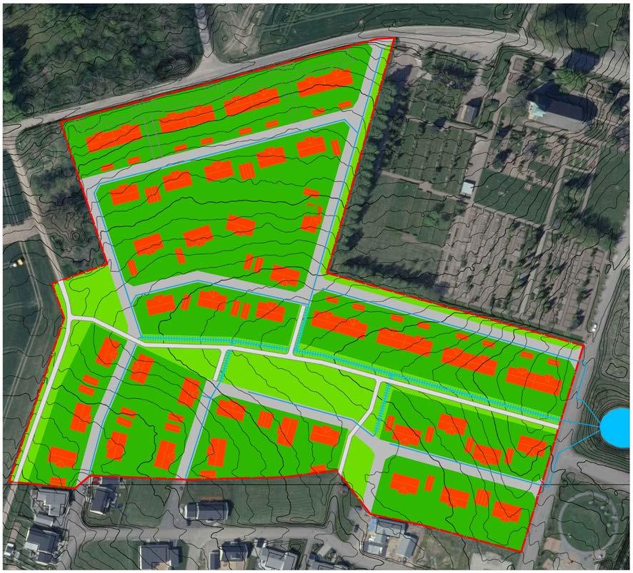 Sida 11 (13) Figur utvisande planerad dagvattenhantering där heldragen blå linje illustrerar ledning förlagd i gata och taggig blå linje illustrerar dagvattendike i parkmark.