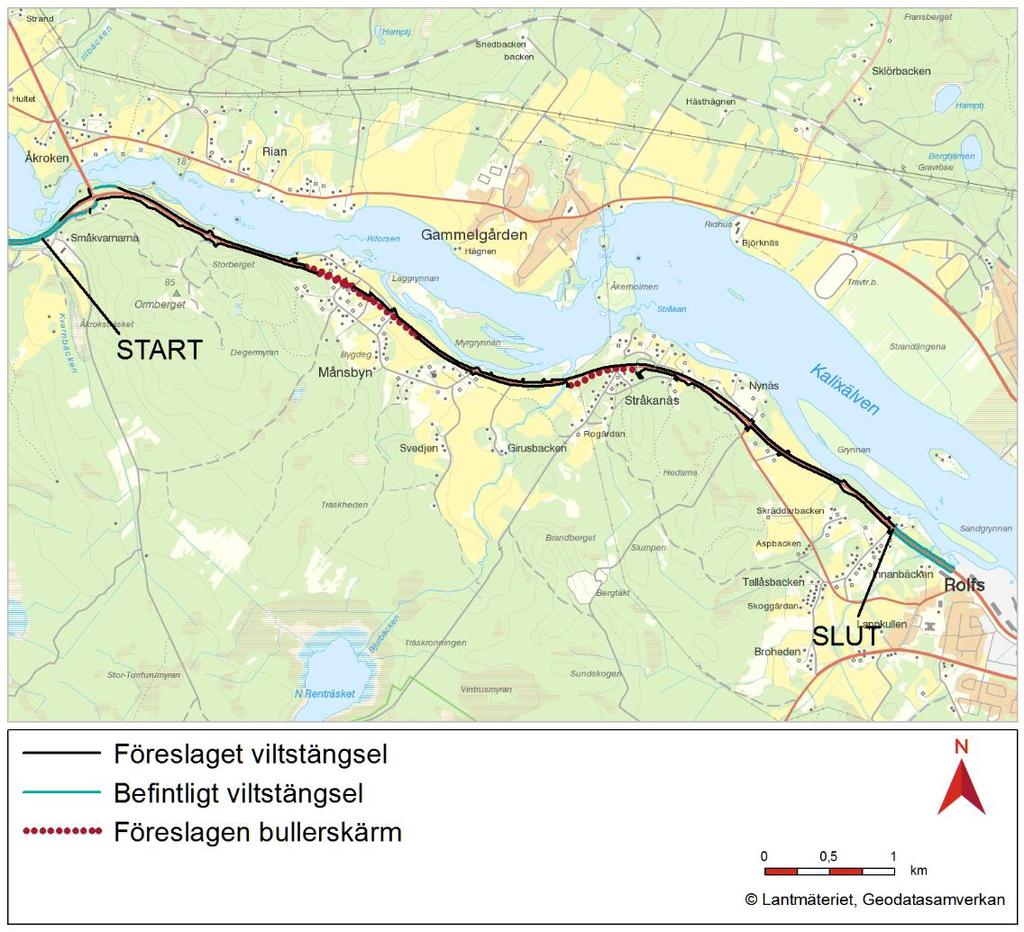 2.5. Planerade vägåtgärder Vägplanen omfattar viltstängsel och bullerskyddsåtgärder. Vägåtgärderna beskrivs närmare i kapitel 5. Preliminär utsträckning av viltstängsel och bullerskärmar. 3.
