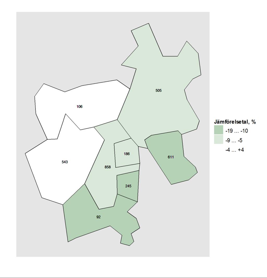 Karta 1. Vårdperioder till följd av skador och förgiftningar i regionens kommuner 2010 2014 jämfört med situationen i hela landet. Karta: Lantmäteriverkets Generalkarta 1:4 500 000, 2011.