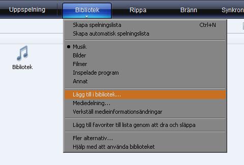Figur 4. Biblioteksmenyn för att nå Lägg till i bibliotek-funktionen Till att börja med erbjuder inte gränssnittet den utforskning som användare, och därmed även försöksdeltagarna, kräver.