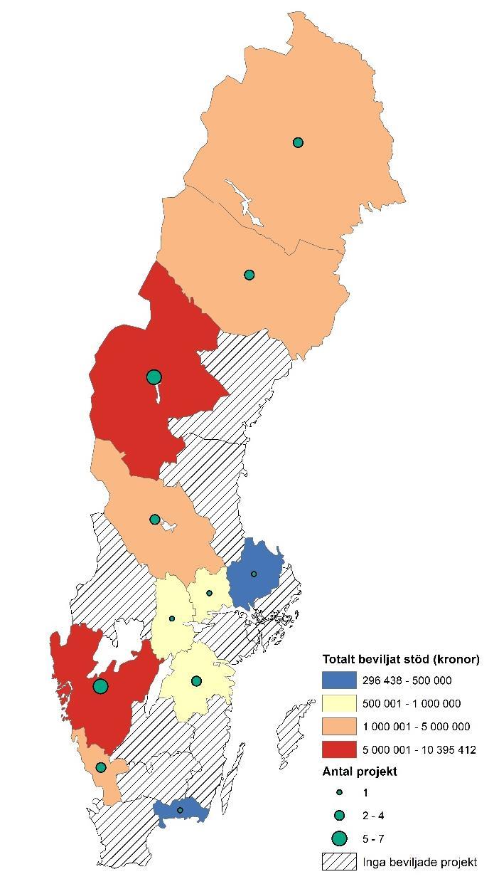 Figur 2 Kartor över totalt beviljat stöd i kronor samt antal projekt som berör integration de har fördelats över, per län (till vänster) och per leaderområde (till höger) Figur 3 visar