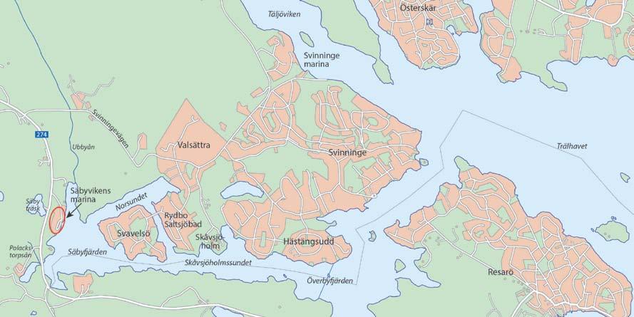 Figur 1. Säbyvikens marinas utmarkerad på regionskarta.