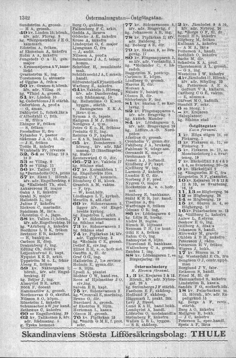1342 Sundström A, gros sh. - H A, grossh. <J,O kv. Linden 15;hörnh., ätv. adr. Florag. 9 äg. "Bergensträhle J E G, kammarh. ' Edström A, fröken. af Ekenstam At änkefru Holm A A, änkefru.