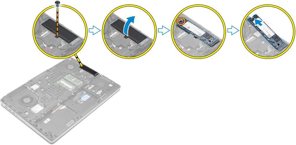 Installera M.2-SSD-kortet 1 Sätt M.2-SSD-kortet på plats i kortplatsen. 2 Dra åt skruven som håller fast M.2 SSD-kortet i datorn. 3 Placera skyddet på M.2 SSD-kortet. 4 Dra åt skruven som håller fast skyddet i datorn.
