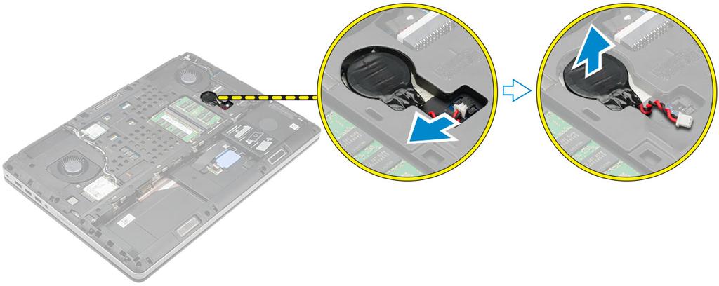 Installera knappcellsbatteriet 1 Sätt tillbaka knappcellsbatteriet på dess plats i datorn. 2 Anslut kabeln för knappcellsbatteriet.