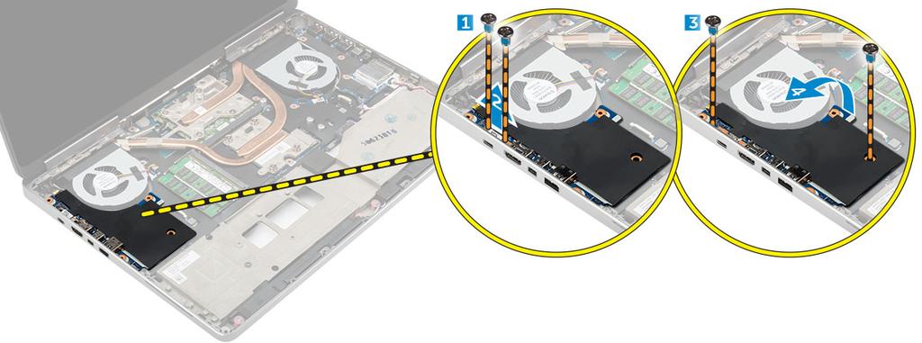 f handledsstödet 3 Utför följande steg för att ta bort I/O-kortet. a Ta bort skruvarna som håller fast I/O-kortet i datorn [1, 3]. b Ta bort fästet till thunderbolt-kontakten [ 2].