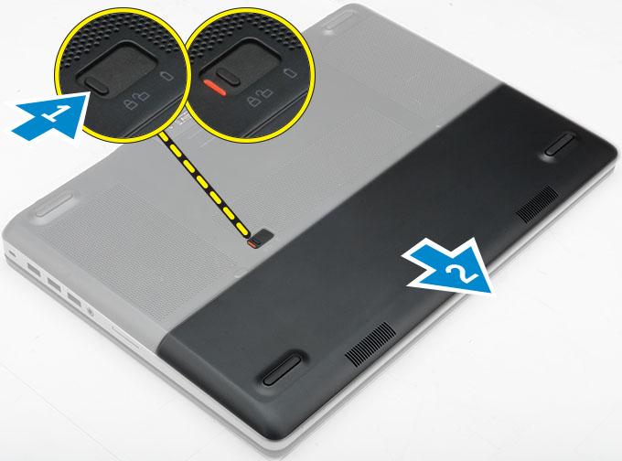 Ta bort batterihöljet 1 Följ proceduren i Innan du arbetar inuti datorn. 2 Utför följande steg som visas i illustrationen: a Skjut på frigöringshaken för att låsa upp batterihöljet [1].