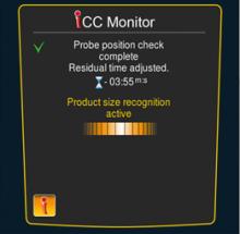 Genom att trycka på i-knappen respektive den centrala inställningsratten hämtas icc Monitor i icc Cockpit. Anpassningarna visas på skärmen. Beslut som redan har fattats är markerade med en grön bock.