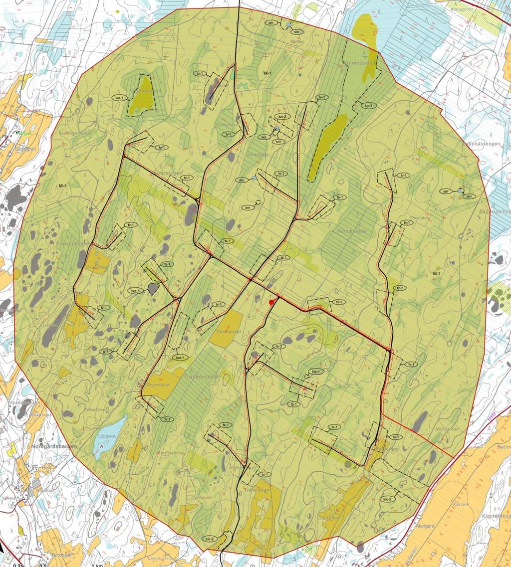 Bild: Utkast till plan i Kalax. 5) Delgeneralplan för vindkraftspark i Pjelax (Långmarken) Vindin Oy har planer på att bygga en vindkraftspark öster om riksväg 8 i Pjelax by.