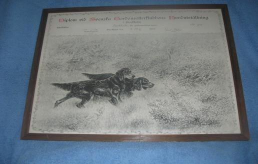 Årets Öppenklass hund Svenska Gordonsetterklubben Årsmötespris 1998 Å4 Priset som ursprungligen var ett diplom vid 1908-års Stockholmsutställning är en reproduktion av en Bruno Liljeforstavla.