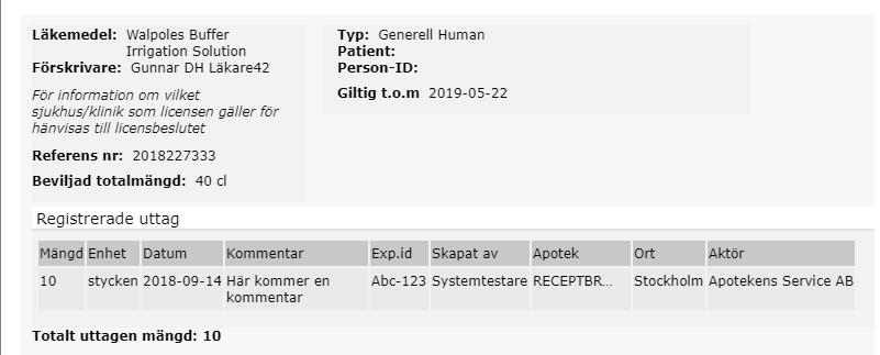 1.3.1 Licensinformation och tidigare uttag Överst till höger i avräkningsfunktionen visas information om licensen. Här ser man även licensens beviljade totalmängd samt hur länge den är giltig.