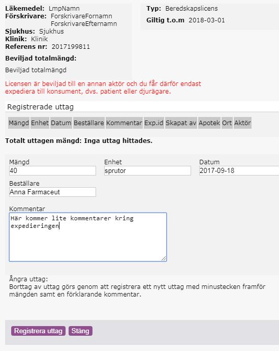 1.3.2 Registrera nytt uttag Längst ner till höger i avräkningsfunktionen finns inmatningsfält för att registrera nytt uttag på licensen. Mängd: Expedierad mängd. Fältet är obligatoriskt.