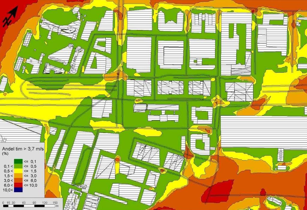 RAPPORT LOKALKLIMAT 17 Figur 8 Andel av årets timmar med vindhastighet > 3,7 m/s (%) i markplan. 0,5 % av årets timmar är ca 44 timmar. Observera att skalan inte är linjär.