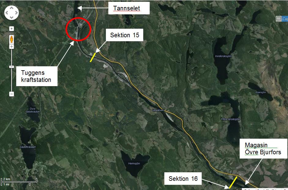 Figur 22. Sektioner I Umeälven där vattenhastighet I relation till flöde uppskattades. Figur 23.