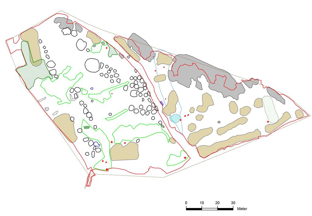 Schaktplan med karterade anläggningar, dumphögar & topografiska objekt.