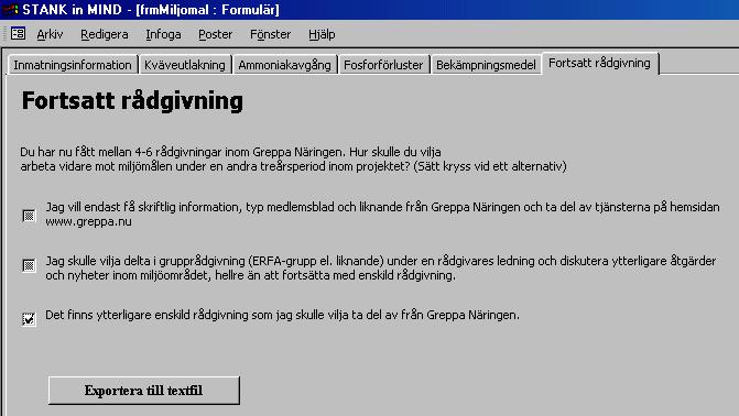 När inmatningen är klar kan textfil skapas på två ställen, antingen under fliken Fortsatt rådgivning, genom att trycka på knappen Exportera till textfil, eller
