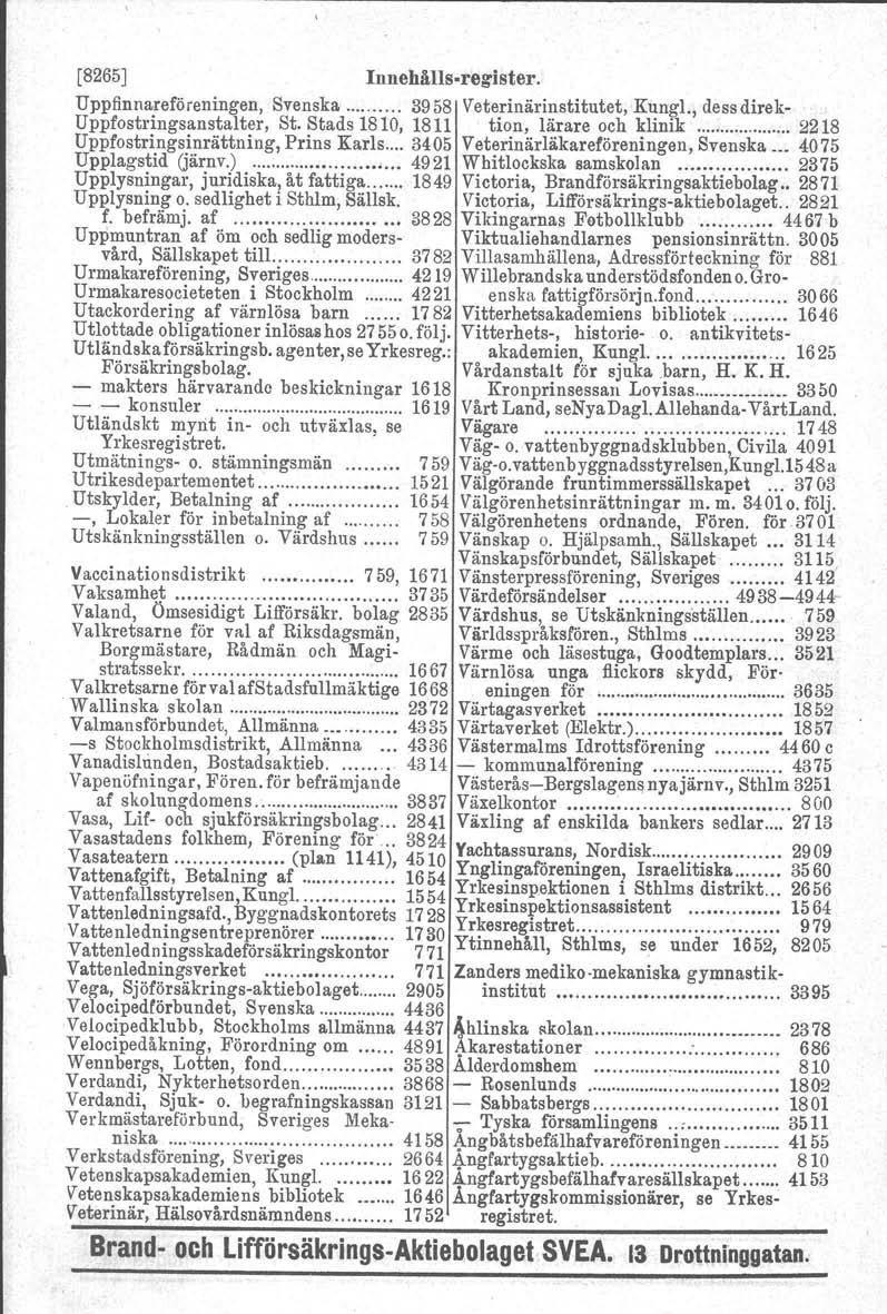 [8265] Innehålls-register. Uppfinnareföreningen, Svenska 3958 Veterinärinstitutet, Kungl., dessdirek- Uppfostringsanstalter, St.
