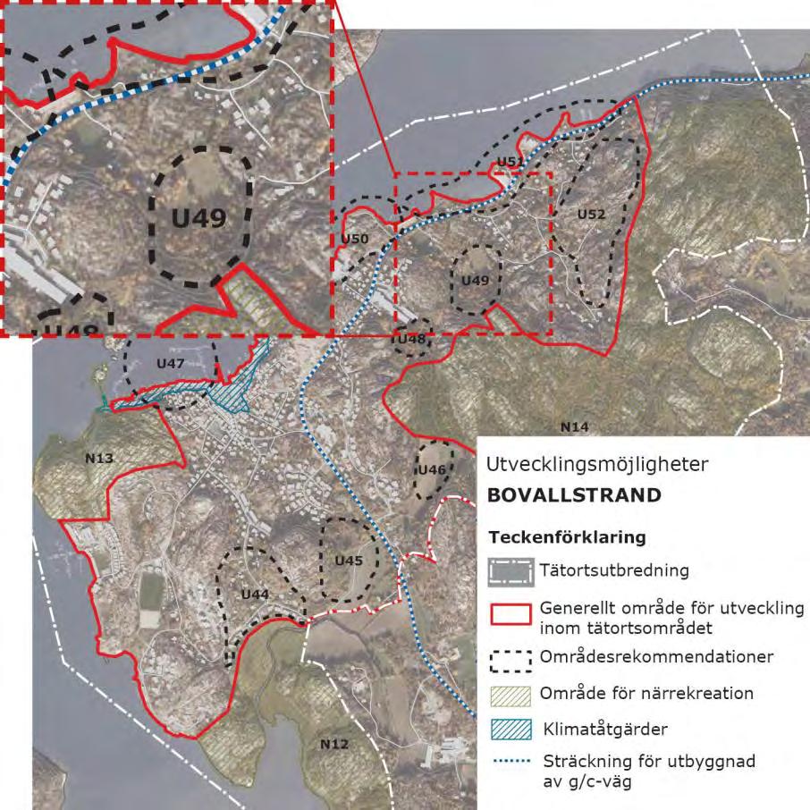 Tillfart bör ske från väg 174 via nyligen planlagt område (Heljeröd 1:8). Ovan: Utsnitt från ÖP 2010 Bovallstrands tätortsområde.
