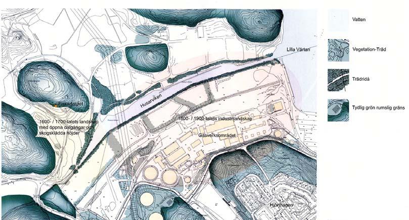9 (15) Kulturhistoriska influensområden/landskapsrum längs Husarviken, Andersson Jönsson Landskapsarkitekter AB Stadsbyggnadskontoret föreslår att frågan om grönmarkskompensation och åtgärder för att