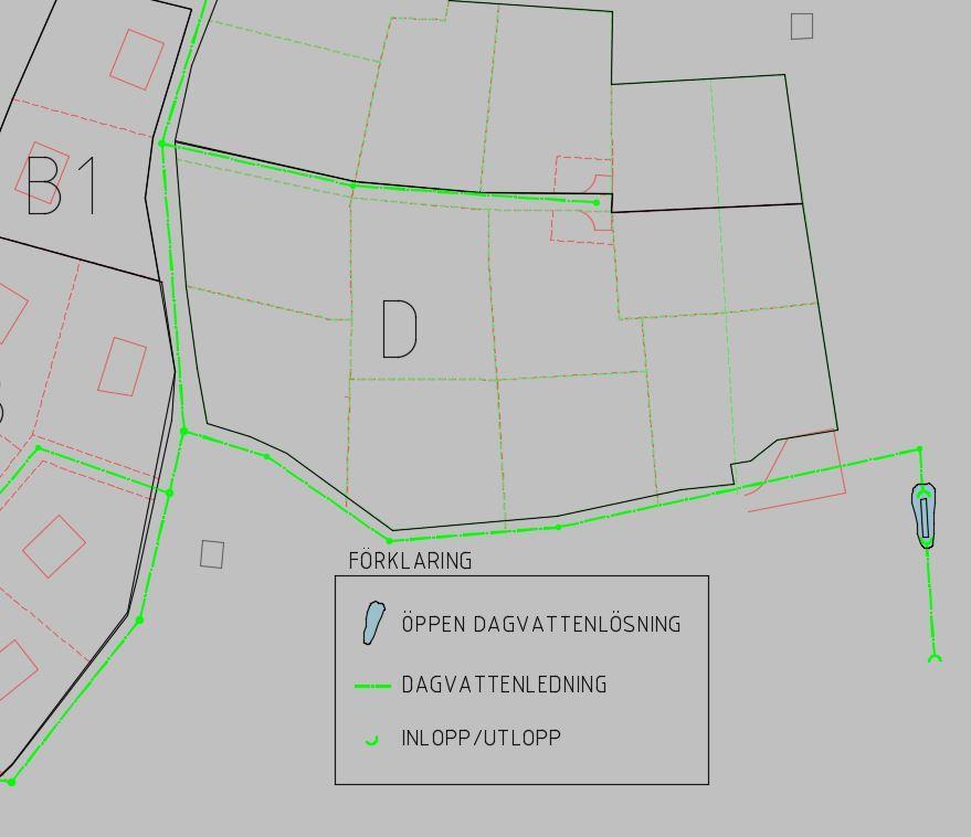 Bilaga 3: Sydöstra delen av dagvattensystemet. Visar område D och det sydöstra magasinet.