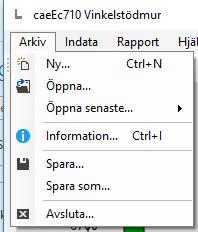 caeec710 Vinkelstödmur Sidan 5(14) 3.1 Arkiv Under fliken Arkiv finns alternativen Öppna, Spara, Avsluta och Information, se Figur 3-2.