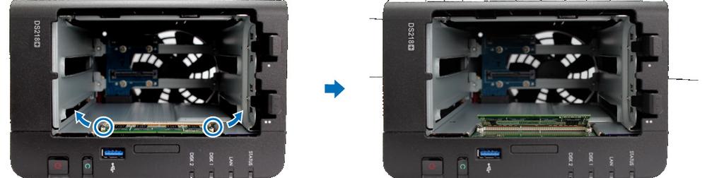 Att ta bort minnesmodulen: 1 Följ steg 1 och 2 i avsnittet Att installera en minnesmodul för att stänga av din DiskStation. Koppla ifrån kablarna och ta sedan bort de två hårddiskslädarna.