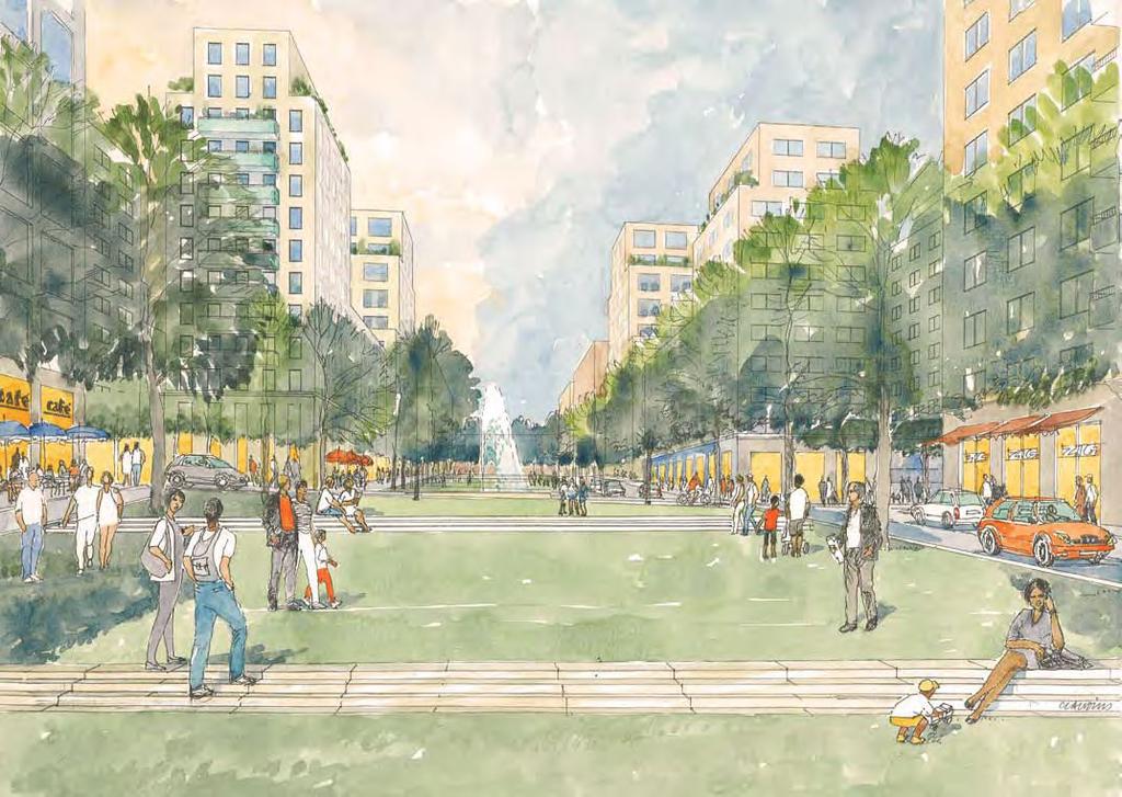 Stadsplanegestaltning H Ä L S I N G E PA R K E N I Hälsingegatans förlängning vidgas gaturummet till ett klassiskt grönt torgrum, den så kallade Hälsingeparken.