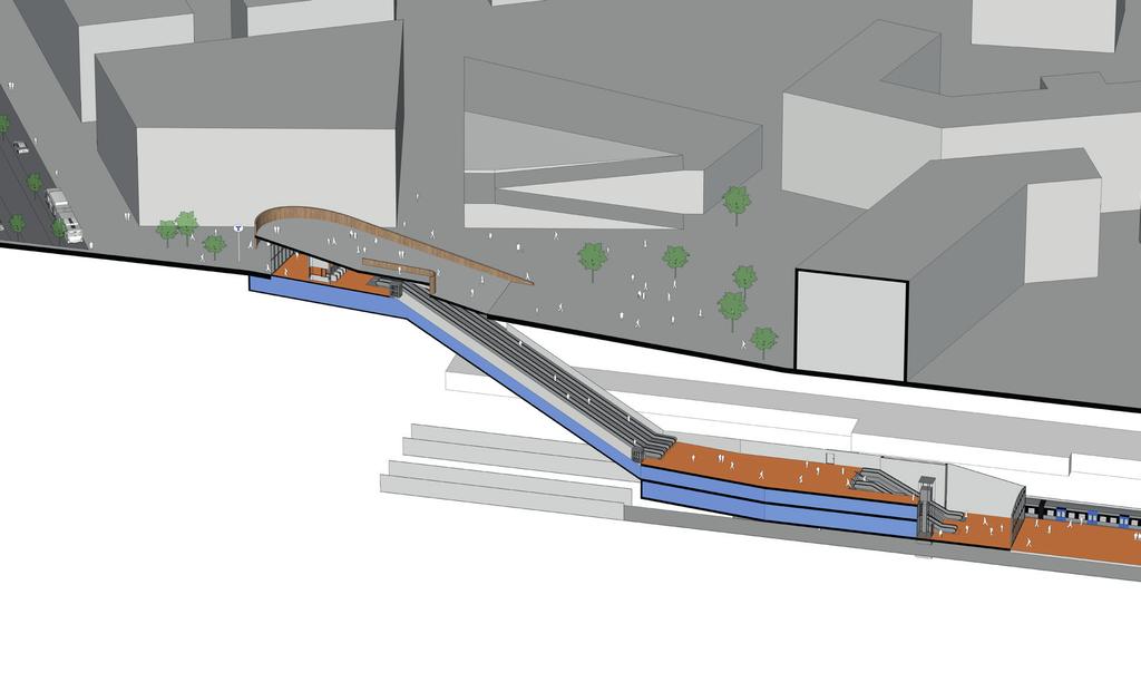 Entré Biljetthall Spärrlinje Förbindelsegång med rulltrappor och snedbanehiss Vid station Barkarbystaden, uppgång öst, och Barkarby station, uppgång pendeltågsstation/mälarbanan, utformas