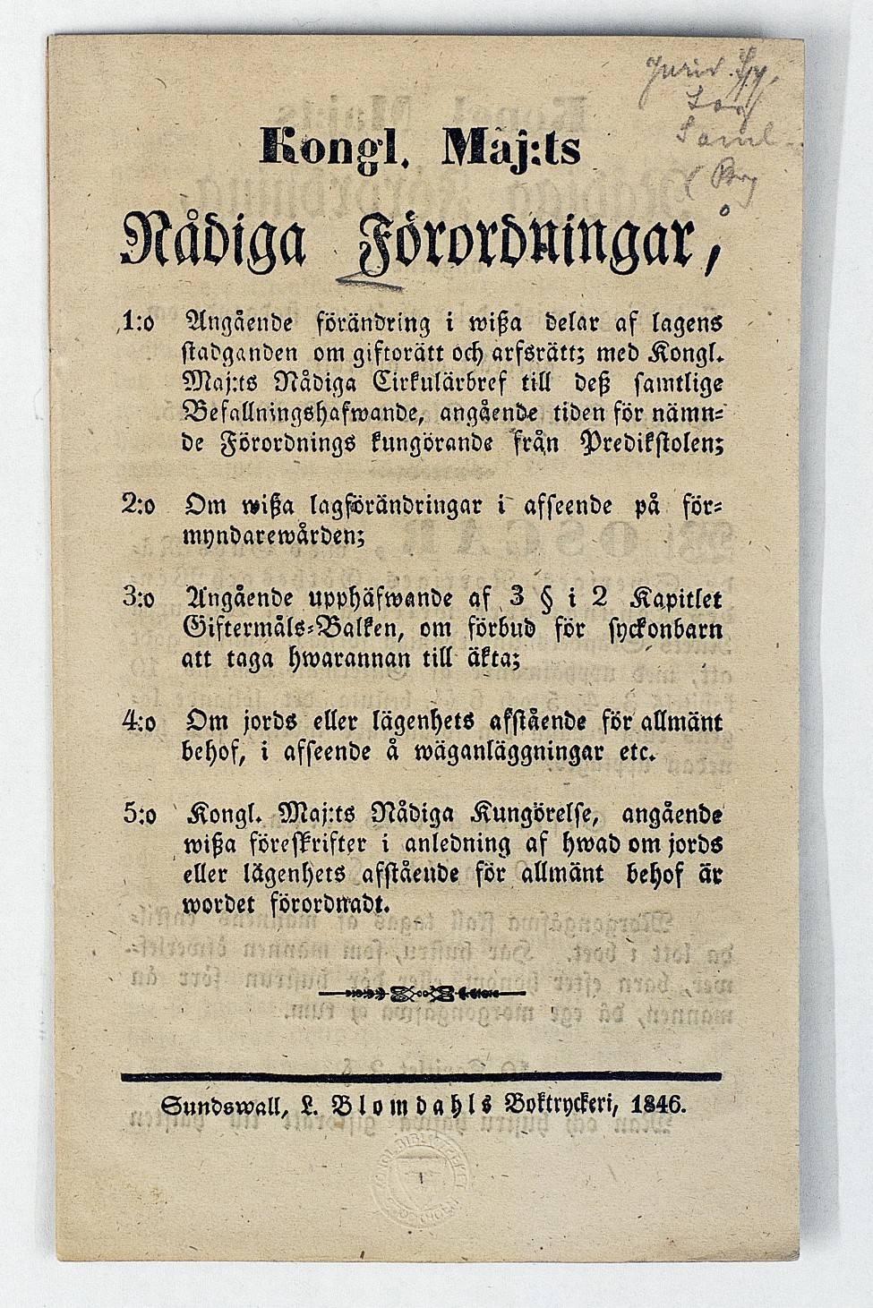 k o n g l. N ^. t s Nadiga Mrormngar,,1:o Angående förändring i tvista delar af lagens stadganden om giftorätt och arfsrätt; med Kongl.