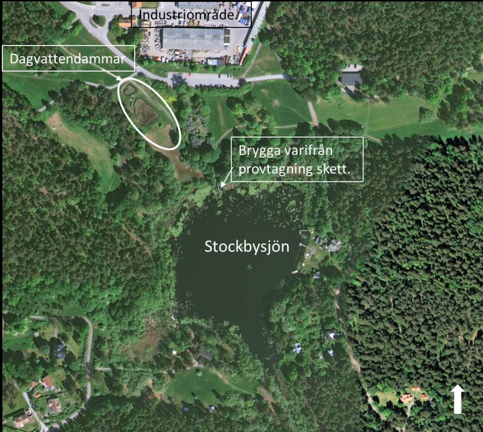 Figur 3: Flygbild över Stockbysjön med dagvattendammar. Källa: www.eniro.se 2.2 Provtagningar 2.2.1 Kemiska och fysikaliska Den första registrerade provtagningen är från 1974 då ett ytvattenprov togs.