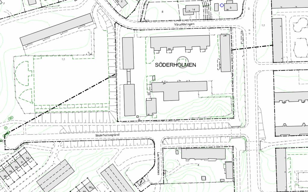 Sida 26 (67) Tillfällig paviljong byggnad Paviljong byggnader Hus C Hus B Hus A Hus D Laxholmen befintlig verksamhet Rött kryss markerar de byggnader som rivs (Stockholms stad).
