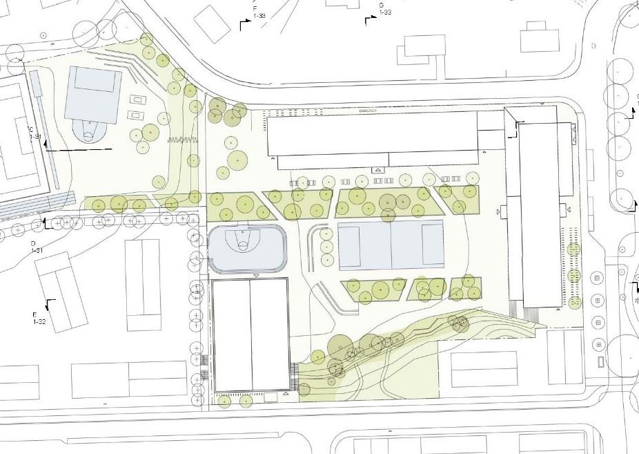 I planförslaget föreslås en ny L-formad skolbyggnad mot Vårbergsvägen och Våruddsringen. Den är planerad att främst innehålla administration samt lokaler för gemensam användning.