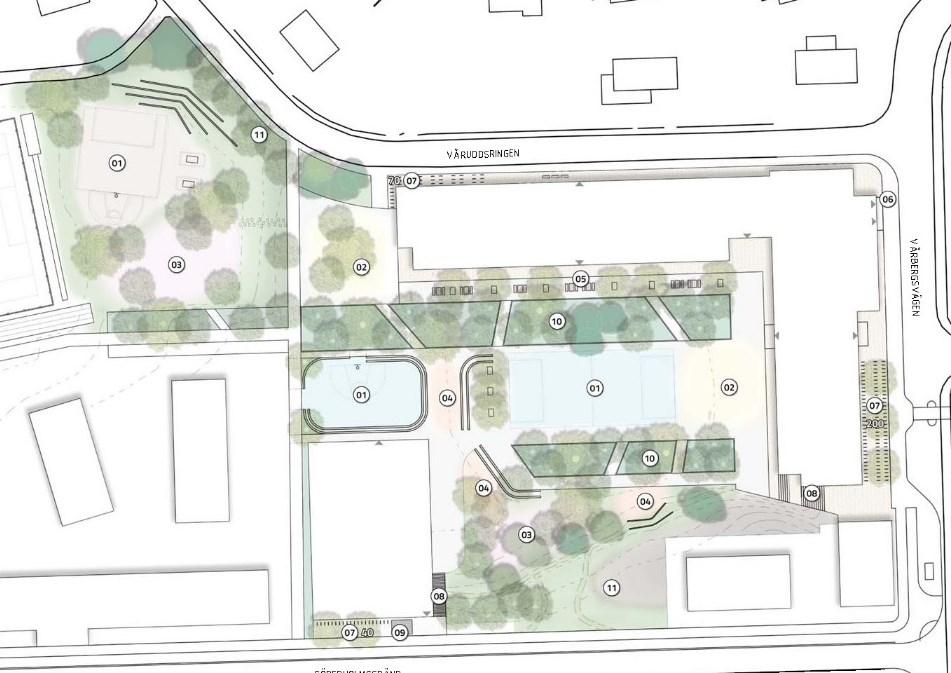 Sida 30 (67) Illustrationsplan skolgård (Cedervall Arkitekter). Den totala skolgårdsytan blir cirka 18500 kvm vilket ger ungefär 20 kvm per barn.