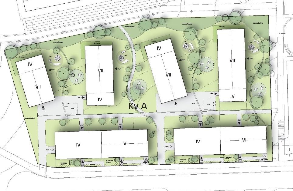 Sida 32 (67) på plankartan. I planförslaget föreslås indrag av de två översta våningsplanen för att variera skalan på husen och öka ljusinflödet på omgivande grönytor.