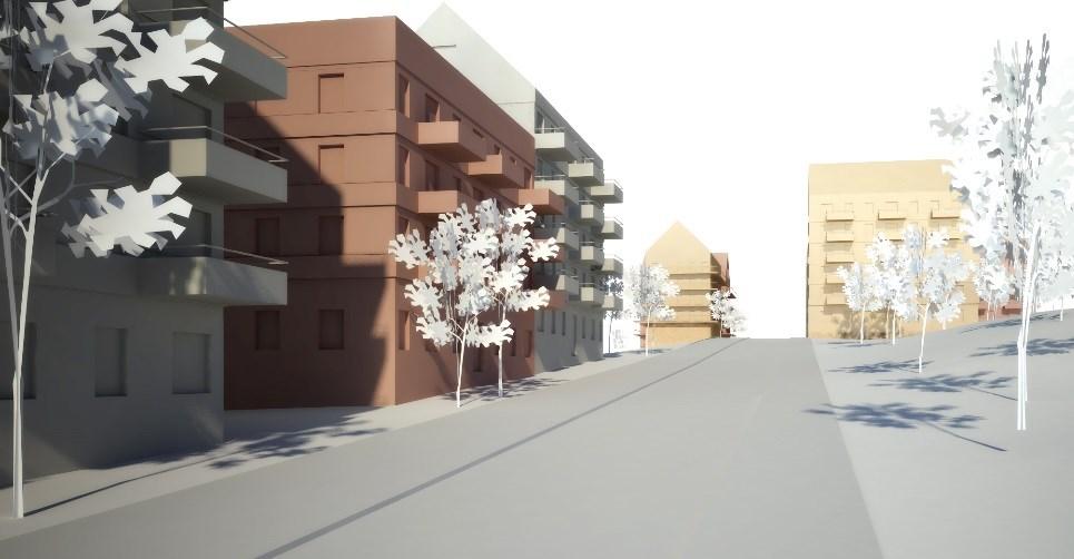 Gångväg Gångväg Gång- och cykelväg Söderholmsgränd Illustrationsplan bostäder kvarter A (Arkitema Architects). Svart pil visar var nedanstående illustration är tagen.