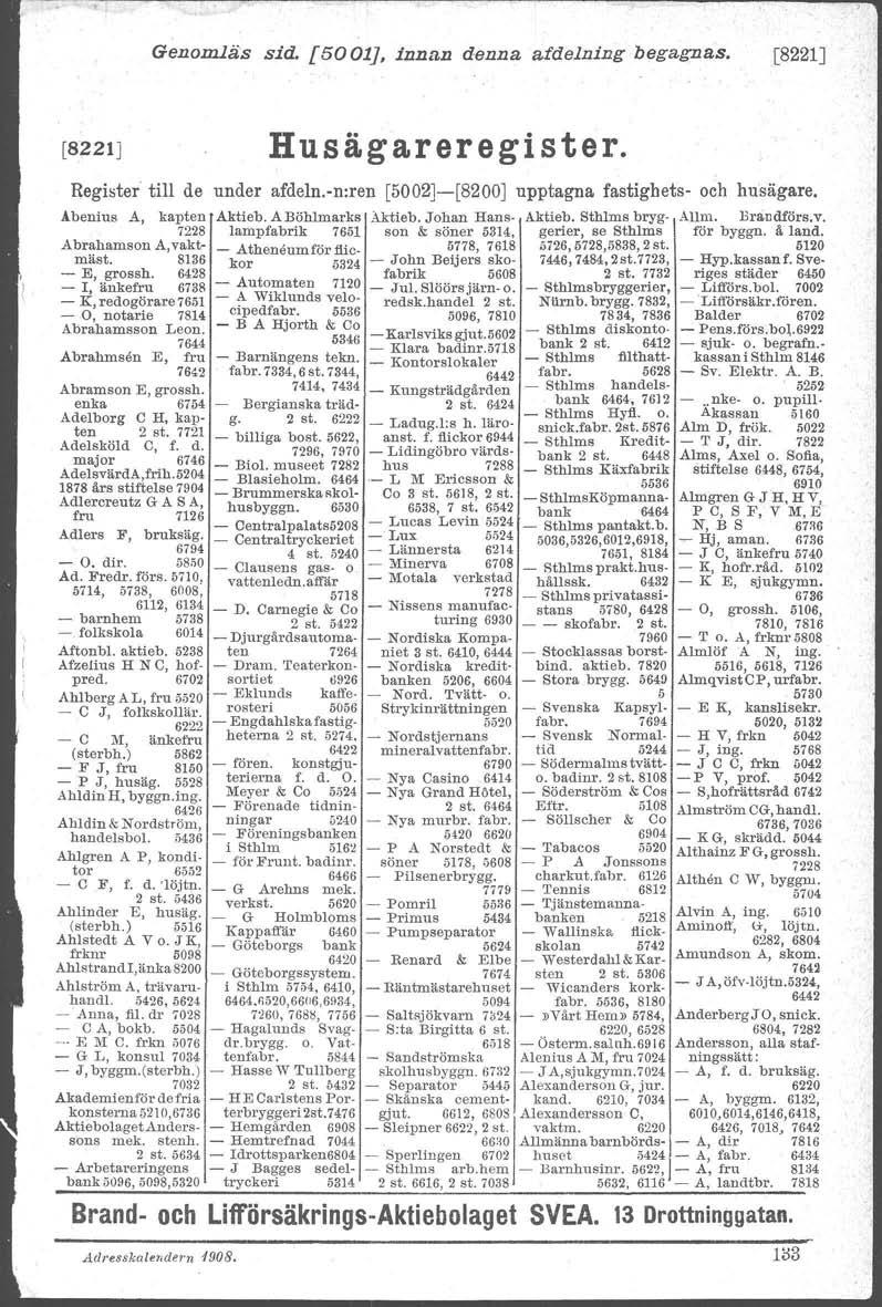 Genomläs sid. [5001J, innan denna afdelning begagnas. [8221J. [8221J Register till de Abenius A, kapten Aktieb. A Böhlmarks Aktieb. Johan Hans- Aktieb. Sthlm s bryg-i MIm. Braudförs.