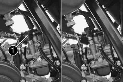 9Choke (50 SX) Chokeknappen sitter till vänster på förgasaren. När chokefunktionen aktiveras öppnas ett hål i förgasaren så att motorn kan suga in extra bränsle.
