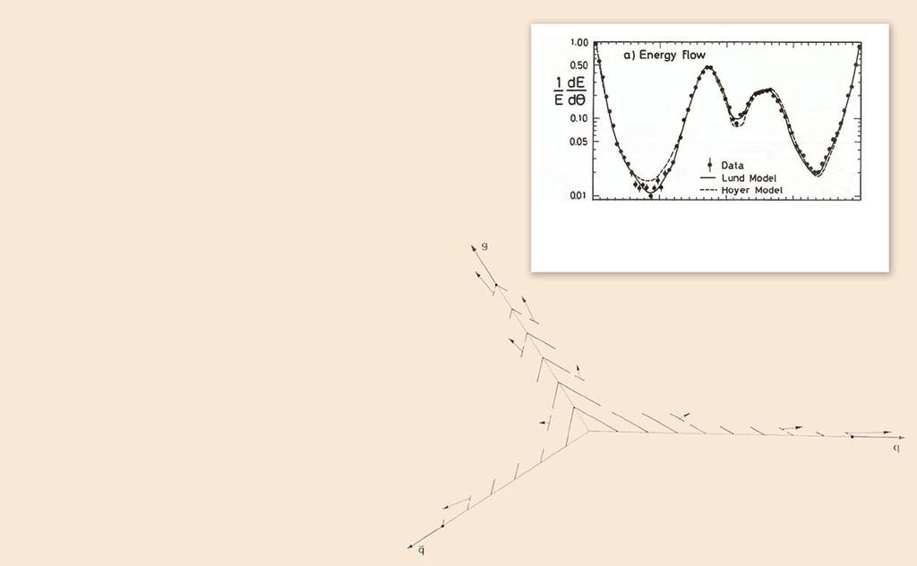 Gluon-fragmentering 333 Modellen för jet-fragmentering förfinades, och utvecklades 1979 till att också beskriva fragmentering av gluon-jettar (då en gluon med hög energi inte heller kan isoleras, ger