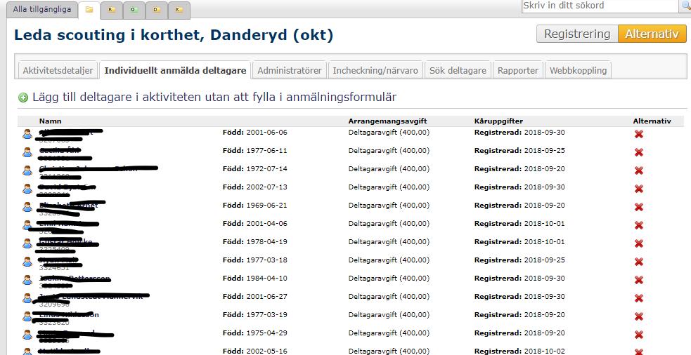 Detta görs genom att ni i listan under fliken Individuellt anmälda deltagare tar bort de som inte kommer med på kursen. Klicka på röda krysset till höger om namnet.