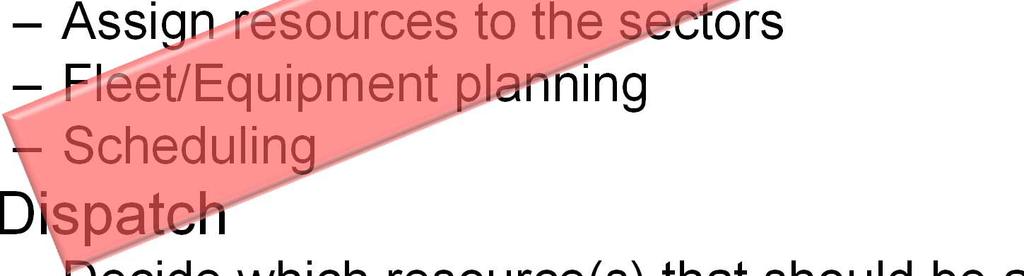 resources to the sectors Fleet/Equipment planning Scheduling Dispatch