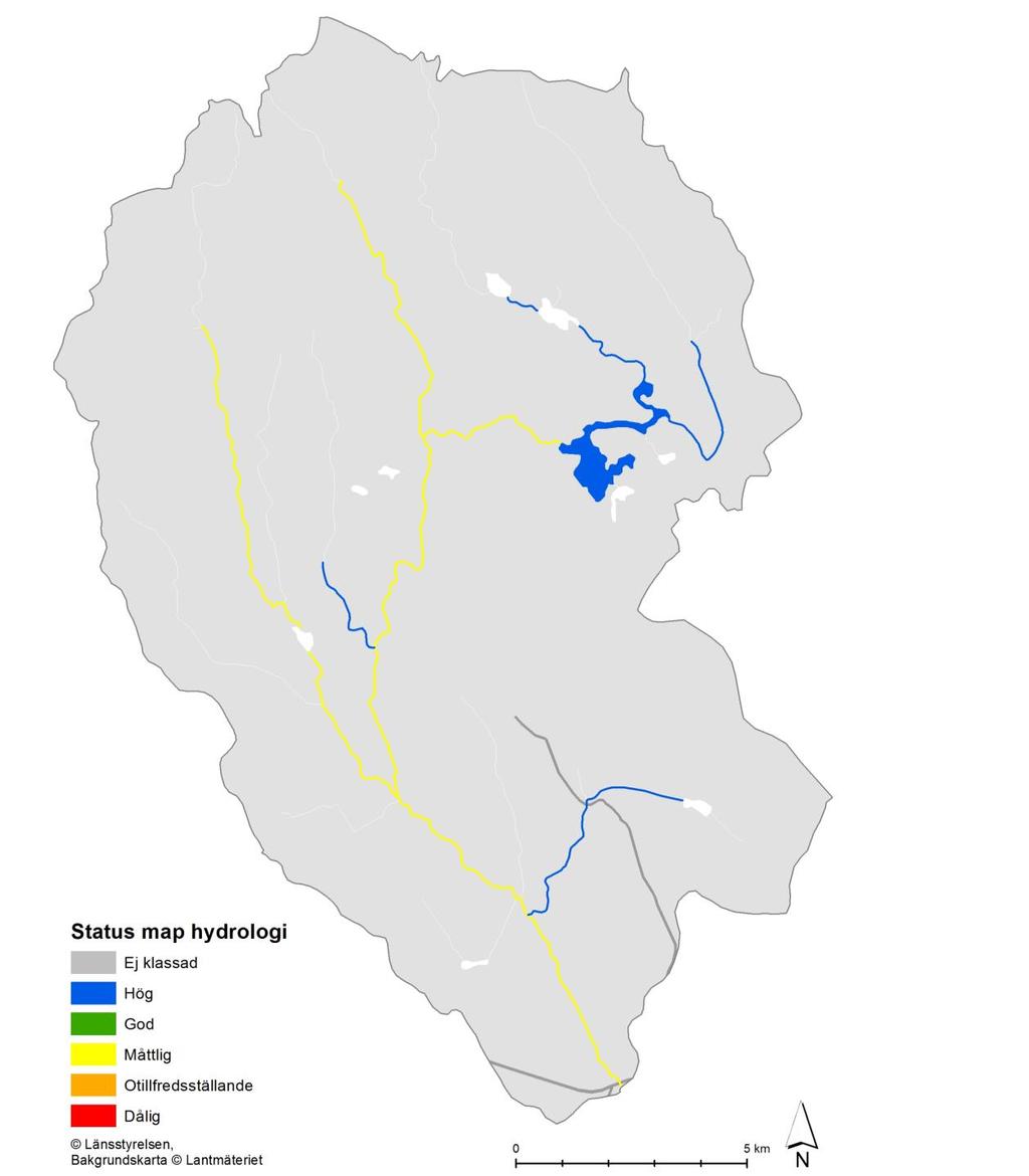 Figur 5. Bedömning av tillståndet (status) med avseende på hydrologisk påverkan för sjöar och vattendrag inom Ickåns avrinningsområde.