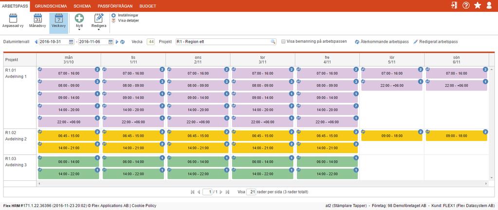 I arbetspassvyn får du en överblick över vilka arbetspass som finns samt hur många anställda som ska bemannas på passen (siffran som visas i de blå cirklarna).